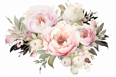 dusty pink and white flowers, peonies, austin roses, big blooms, with muted green whispy foliage, elegant and beautiful floral clipart for wedding invitations, delicate, watercolor, Claude Monet oil painting, defined edge isolated on white background