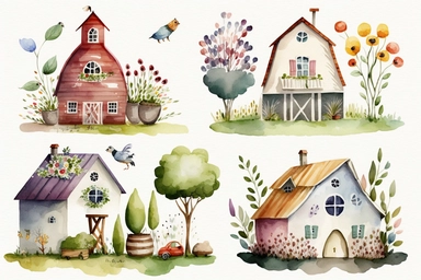 Cute and whimsical farm houses, colorful, Watercolored illustration in the style of Michael Powell, clipart, white background