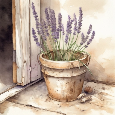 Create a beautiful watercolor clipart illustration of a dried bunch of a French lavender. potted plant against a rustic farm door. The composition should be set against an isolated white background, with a bright and airy feel. Focus on capturing intricate details such as the delicate petals of the lavender. Use a loose and fluid watercolor technique to create a sense of movement and lightness. Experiment with the use of negative space to create a sense of depth and perspective. Consider adding 