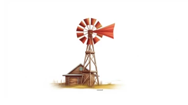 Envision a classic western windmill, standing alone against a stark white background. The windmill is a symbol of the old west, with its wooden structure and spinning blades. The medium is a clipart style, with clean lines and a minimalist aesthetic. The style is reminiscent of vintage western illustrations, with a focus on the iconic silhouette of the windmill. The lighting is neutral, with the white background providing a stark contrast to the dark outline of the windmill. The colors are monoc