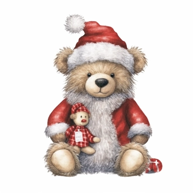 A watercolor cute Santa Teddy bear, full color, knitted painting texture, Perfect for nursery art and children's book illustration style, simple, cute, full color, clipart, watercolor illustration, single object, high definition 8k, white background for removing background