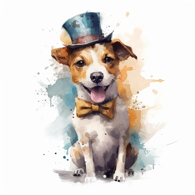 a moving dog dressed up, dressed up, happy smiling face, cute animal, adorable, playful atitude, adorable watercolor animal clipart, no background, high quality and very sharp image with clear focus