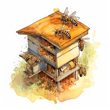 watercolor, A close-up view of a modern Langstroth hive, showcasing its modular design and bees entering or exiting through the hive's entrances. (Digital drawing clipart, image black border color, full body, flat texture, transparent background)