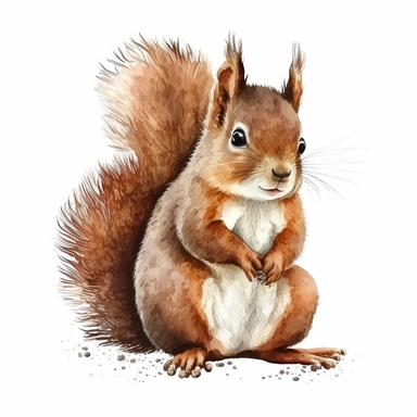 cute squirrel, watercolor clipart, realistic, childlike animal illustration, isolated on white background, Beatrix Potter, clean blended strokes, ginger and dark brown color, eating