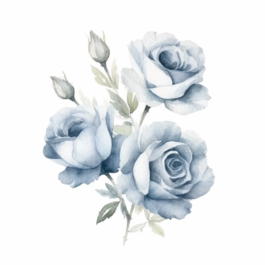 Watercolor dusty blue four roses clipart, four roses bouquet, muted color faded, white background