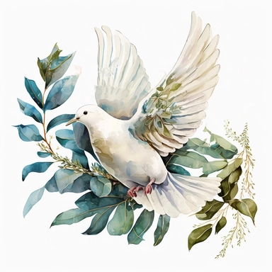 white Dove fly with small palm brunch in beak, watercolor, Clipart