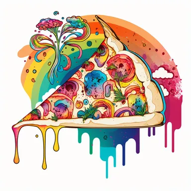 Create a colorful and vibrant clipart of a pizza with psychedelic colors and trippy patterns, using a simple watercolor technique on a white background. Include surreal elements like melting cheese, dripping sauce, and swirling patterns. Use a limited color palette to create a cohesive and eye-catching design. Prompt: a pizza with psychedelic colors and trippy patterns, using a simple watercolor technique on a white background, with surreal elements like melting cheese, dripping sauce, and swirl