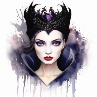 watercolor Disney Evil Queen, with a black cloak, a crown, and a magic mirror, beautiful face, clipart, white background, by Natalie Shau, by Kawacy