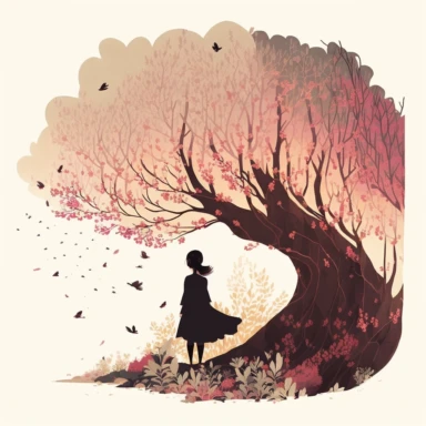 in the style of Ryo Takemasa, xuan loc xuan, Lisa Audit, Anastasia Suvorova, Jon Klassen, greg tocchini, single lady under sakura tree at night, fantasy, limpid, magical, mysterious, white background, vector, clipart, elaborate, ultra-detailed, best quality illustration, vibrant colors, high definition, UHD