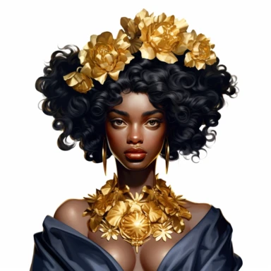 black dark-skin women with big curly flower hair wearing a golden crown staring straight forward with big shiny lips, clip art