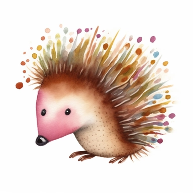 1 beautiful brown whimsical hedgehog, hedgepig, Erinaceus, doodled by a child, simplified, folk art, cartoony, watercolor texture, soft brush strokes, clipart on white background, high resolution, free margins