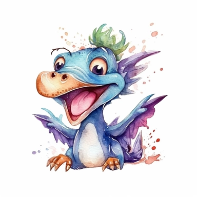 watercolored clipart with pterodactyl, funny and friendly, goofy, silly and playful dinosaur, colored, white background