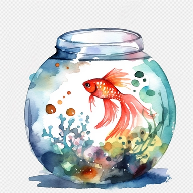 Watercolor fish tank clipart, white isolated background, space out, hd
