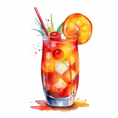 1 tequila sunrise cocktail drink in a hurricane glass watercolor, clipart, isolated on white background, solo