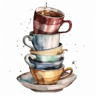 stack of coffee cups, clip art, watercolor, isolated white background, 8k