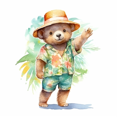 Cute baby bear clipart, happy expression, standing in dynamic pose, full body, 1980s color scheme, wear bucket hat, hawaiian summer dress, front view, in the style of watercolor cartoon clipart, kate greenaway style, high resolution, composition free space,watercolour clipart, watercolor illlustration for kids and children, isolated white background, clipart most popular on etsy, book illustration, featured on dribble, print on demand image, PNG tranparent background, composition medium shot, no