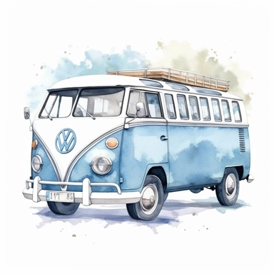 vw caravan car clipart, pastel baby blue color, watercolor design, hd