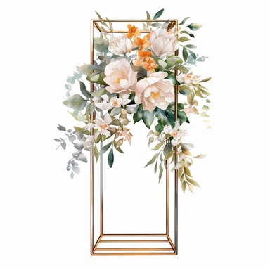 watercolour beautiful realistic white real floral wedding flower spray on gold rectangle tall frame stand realistic elegant wedding floral display stand with white glitter wedding flowers ,clip art graphics , PNG image,transparent background ,ultra highly detailed, 18k, sharp focus, bright photo with vibrant colours, digitally enhanced,photographic, enhanced graphics, png format, straight, sharp focus, bright lighting, intricate detailed png image ,high definition,300dpi,graphic clipart,computer