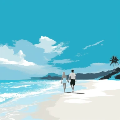 a couple strolling hand in hand on a luch tropical beach with crystal blue ocean to their left and wispy clouds in the sky on a white background for clipart