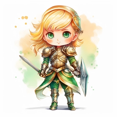 Clipart of a cute little girl brave warrior. He is blonde with green eyes. The background is watercolour and sparkly. Cute and modern knight outfit. full body