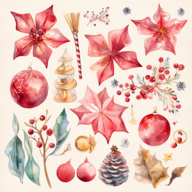 Design a collection of watercolor clipart images featuring elegant Christmas motifs such as snowflakes, stars, and ornaments. The images should have a sophisticated, upscale feel with clear lines and rich, luxurious hues. The clipart should be suitable for use in upscale holiday party invitations and other similar projects
