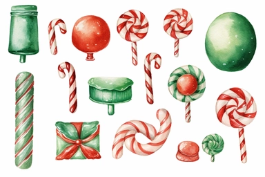 watercolour of a variety of Christmas Candies. Red and Green Gumdrops, Candy Canes, Peppermints, ribbon candy, clipart variations, simple, vector, 8k