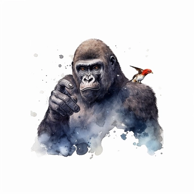 realistic watercolor gorilla pointing its finger with a gentle bird on its finger tips on solid white background, clipart