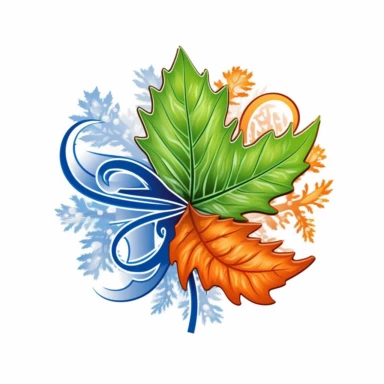 a logo with a white background featuring four seasons being represented by, an extremely detailed digital clipart style frosty snowflake an orange leaf and a green leaf or grass, intricate details, intricate, precisionist lines and shapes, imitated material