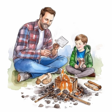 A father and son camping, sitting around a campfire and roasting marshmallows, Watercolor, Clipart, detailed, high resolution, transparent background PNG