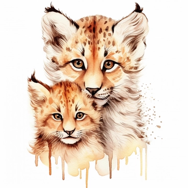 woodland animal cute baby lynx with brother watercolor clipart on white background detailed