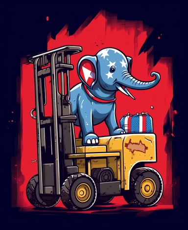 Showcasing a cartoon elephant as a forklift operator, with the design incorporating elements inspired by the American flag, maintaining a patriotic feel. The overall design can appear polished and poignant, with the elephant proudly operating the forklift, that can be used as a sticker, colorful, highly detailed, with a white background, in the style of Pixar clipart, and no cut off edges.