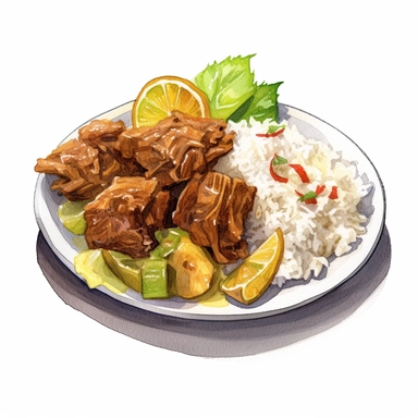 watercolor curry goat , white rice, steamed cabbage, west indian food, carribean food, clip art , hd, white background, spaced out, cartoon realism details--ar 3:2
