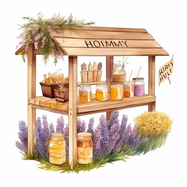 hand drawn honey stand, honey for sale, flowers and grass, shades of yellow and purple, very detailed, very realistic, watercolor, clipart style white background with margins