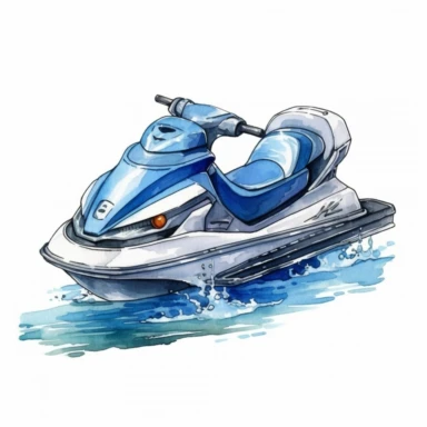 watercolor clipart illustration of a jet ski, cute, white background