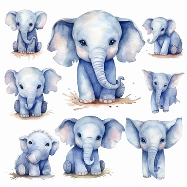 A charming watercolor elephnat clipart bundle, showcasing an adorable elephant engrossed in playful activities. Against a clean white background, the watercolor painting depicts the cub's unbridled enjoyment and sense of fun. This cute baby animal clipart bundle infuses designs with a lively and joyful atmosphere, creating a delightful and engaging visual experience. Different position /artistic_style:Watercolor painting /background:white /subject:playful tiger cub /emotion:enjoyment, fun /atmos