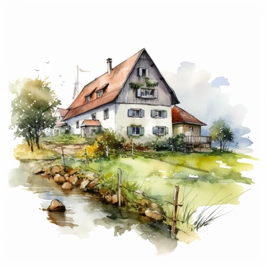 close up realistic watercolor drawing of a farm in Germany, on a white background where the background will be removed to repurpose as a clipart.