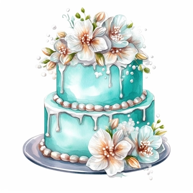 clipart, isolated on white background, Watercolor cake with flowers, cyan colored, ornated, vivid and vibrant and saturated colors
