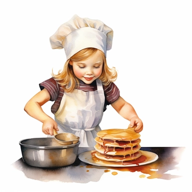 vintage adorable little girl dress as chief making pancakes, clipart style, watercolor technique, super high quality, professional watercolor clipart, high resolution