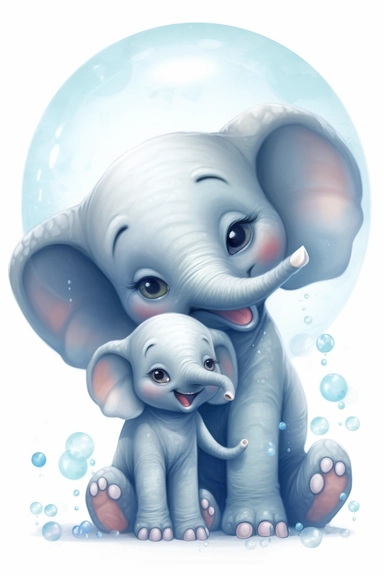 cute blue bubble illustration, realistic adorable one baby cute Elephant hugging his cute mom, happy clipart, nursery style clipart, nursery animal art, kids wall art, baby room decor, isolated on white, ultra - detailed, high quality, ghibli style, award winning