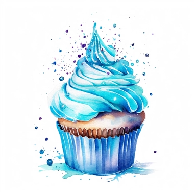 blue cupcake. splashes and sparkles. white background. clipart. watercolour