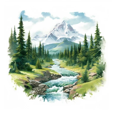 professional gouache hand-painted illustration of Mountain River in the middle surround by trees, snow, deep green, Landscape clipart, hiking, nature, camping, white background, natural form, very detailed, deep colour, 8k