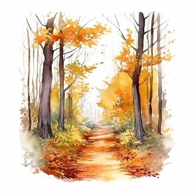 Forest Trail in the fall with fallen autumn leaves along the trail, ClipArt watercolour white background