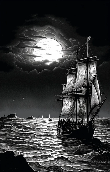 the captain of the clipper ship clipart by rw harris, in the style of romantic moonlit seascapes, robert crumb, trace monotone, illustrative storytelling, winslow homer, use of light and shadow, peter sculthorpe