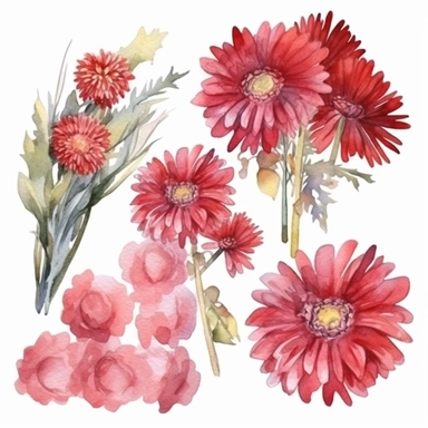 A pretty combination big all wrapped red asters WATERCOLOR bouqets, clipart set, 8K