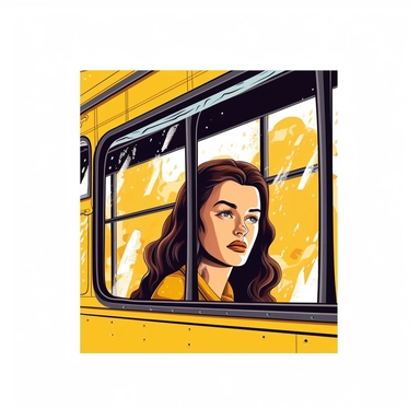 flat vector clip art on a white background of a lady looking out of a yellow school bus window