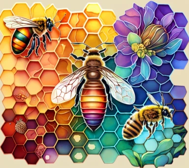 a colorful watercolor clipart of bees and honey, in the style of mosaic-inspired realism, detailed, layered compositions, magali villeneuve, depiction of rural life, mandy disher, lisa frank, warm tonal range