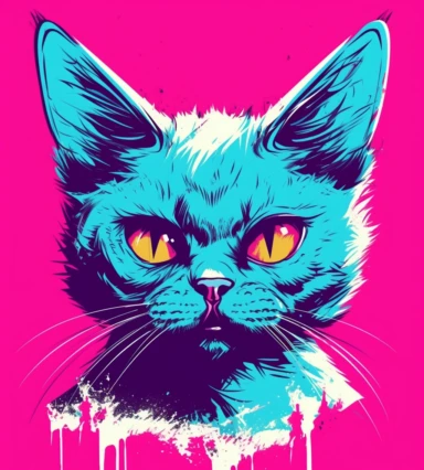 little angry kitten with head tilted portrait clipart,looking at the audience,pop art illustration,Hotline Miami