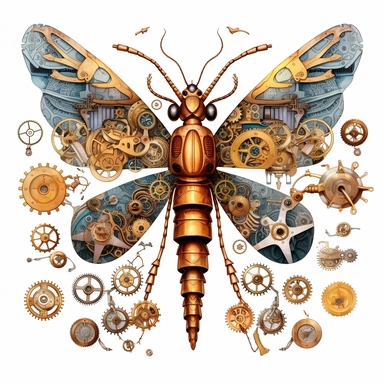Steampunk Wildlife: Create intricate and imaginative illustrations of animals or insects with a steampunk twist. Incorporate gears, cogs, and mechanical elements into their anatomy, giving them a distinct steampunk aesthetic. Clipart. White background.