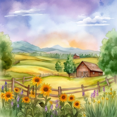 Create a picturesque countryside scene featuring a display of lavender, wildflowers, and sunflowers, with rustic scenes of trees and streams in the background, all rendered in a watercolor clipart style. The focus should be on the natural beauty and tranquility of the countryside. Begin by sketching the outline of the countryside scene, including rolling hills, meadows, and a distant horizon. Add trees along the horizon line, with their branches stretching upward to create a sense of depth and s