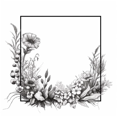 modern, minimalistic set of wildflowers in the shape of one giant simple square frame with a huge opening in the middle, in the style of black and white handdrawning on a clean white background, wedding clipart